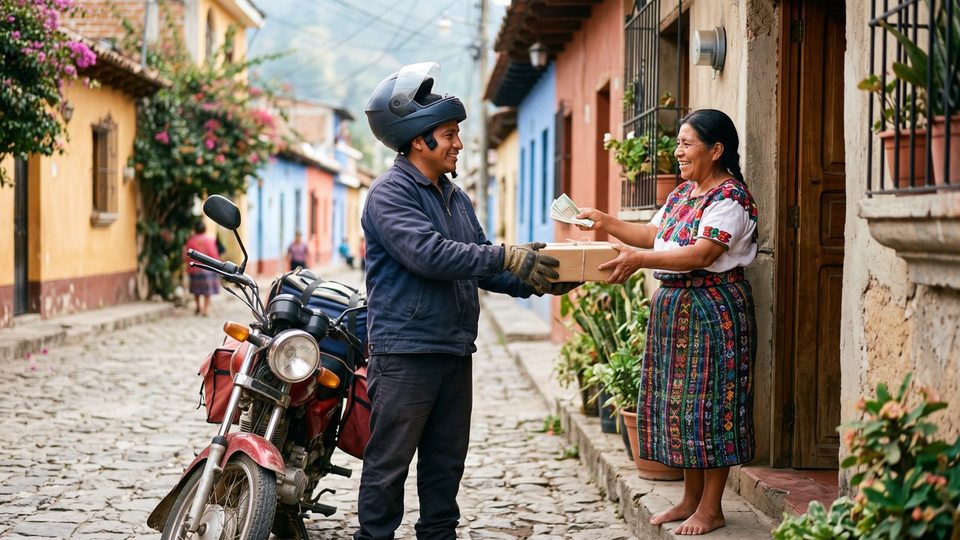 Mensajero entregando un paquete que se paga al recibir