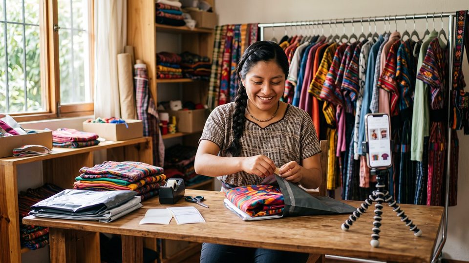 Emprendedora empacando un pedido de ropa