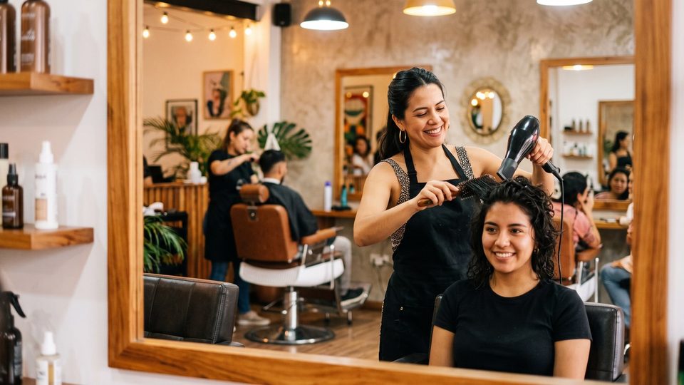 Estilista peinando a una clienta en un salón