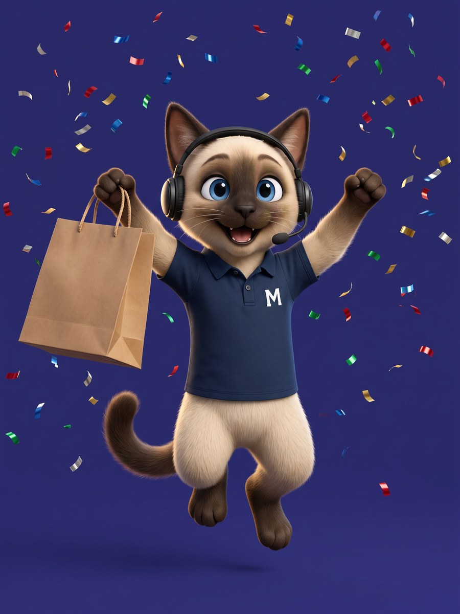 Merkanto celebrando con una bolsa de compras