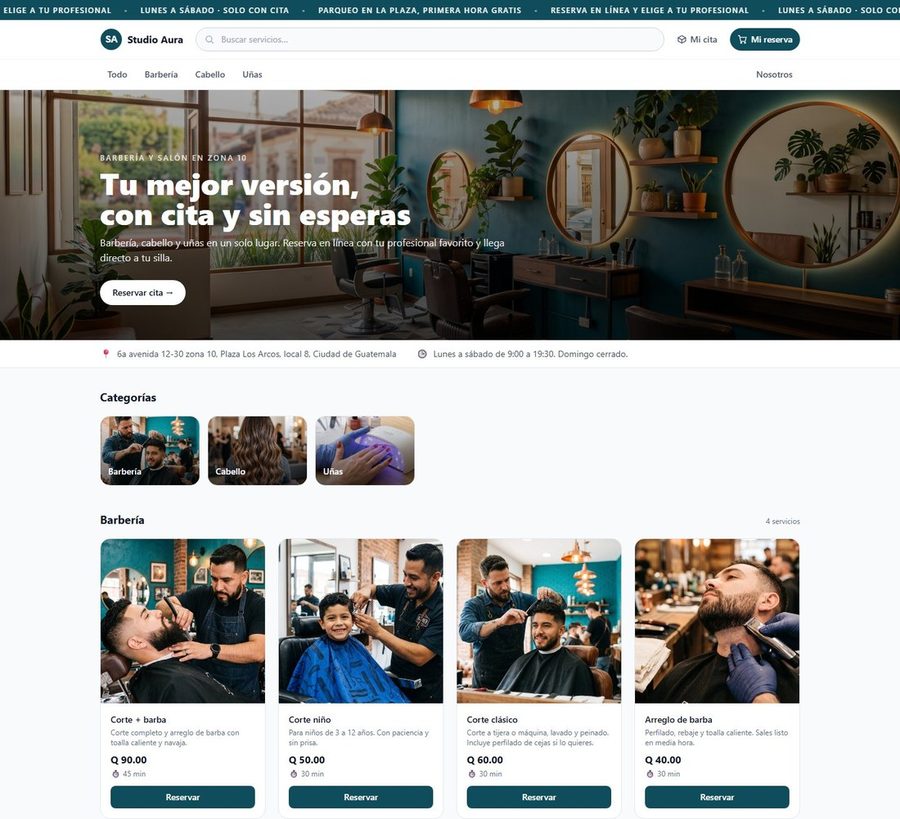 Tienda de Studio Aura con servicios, duración y botón Reservar