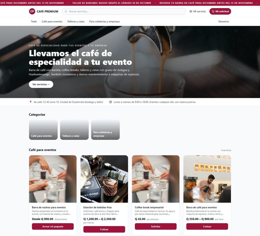 Tienda de Café Premium con servicios para eventos y botón Cotizar