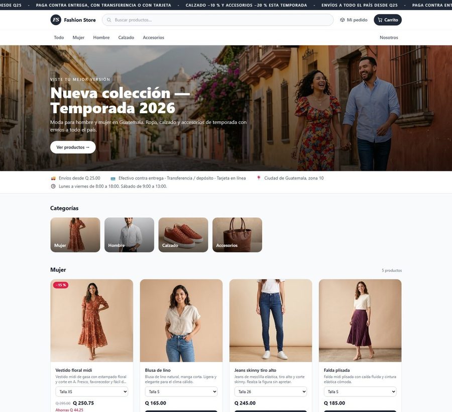 Tienda de Fashion Store con productos, tallas y botón Agregar